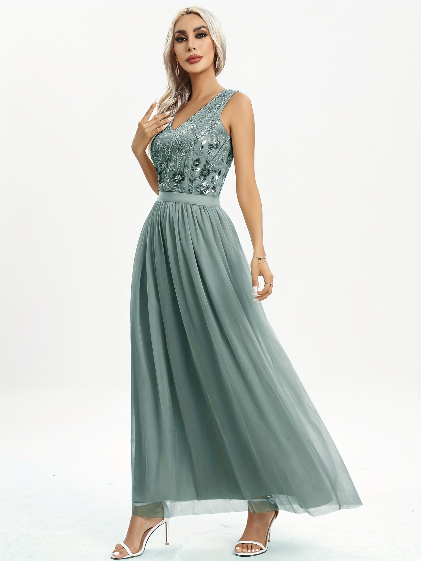 Sequin Decor Tank Dress Elegant Sleeveless V Neck A line - Temu