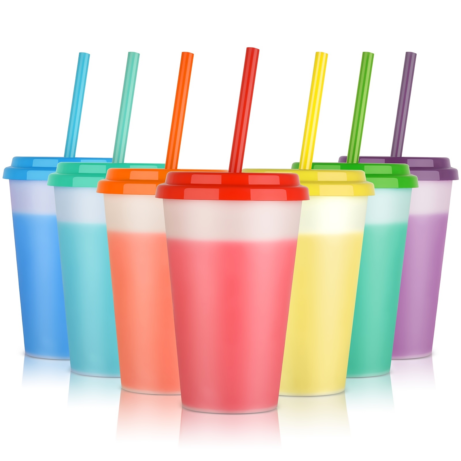Color Changing Cups with Lids & Straws - 7 Pack 16 oz Reusable Cups,  Plastic Tumbler Bulk - Tumblers with Lids and Straws/ Adults Iced Cold  Drinking Party Cup,Christmas Cups 