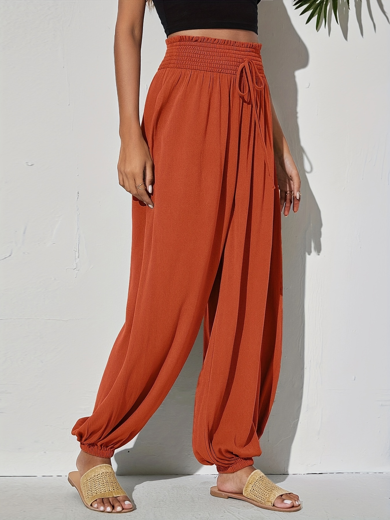 Orange 100% Silk Womens Pants Elastic Waist Drawstring Style