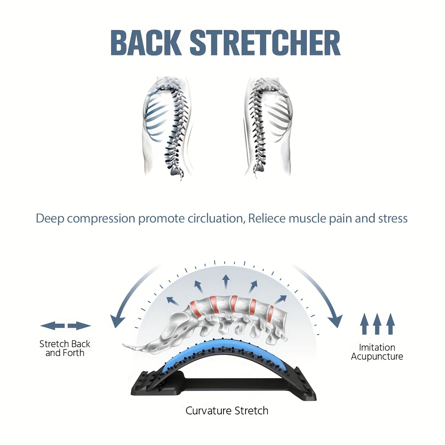 Back Stretcher, Lumbar Back Pain Relief Device, Multi-Level Back Massager  Lumbar, Lower and Upper Back Stretcher Support, Black&Blue 