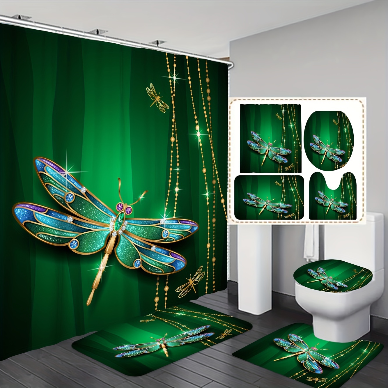 Dragonfly Pattern Shower Curtain Set Waterproof Shower - Temu