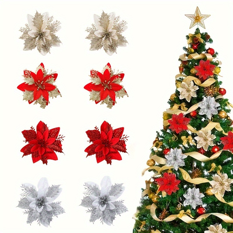 

10pcs/pack Glitter Artificial Poinsettia Flowers, Christmas Wreath Christmas Tree Flowers Ornaments, For Xmas Party, Wedding