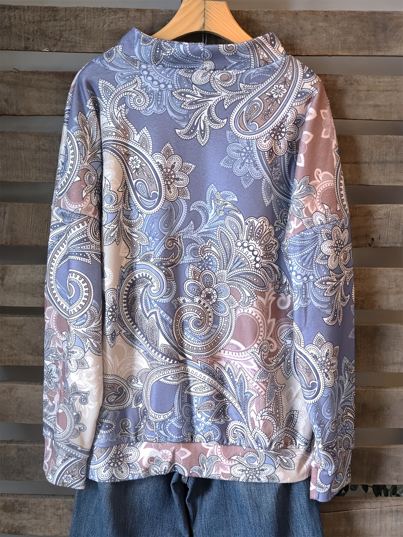 paisley print loose sweatshirt casual long sleeve crew neck sweatshirt womens clothing blue 4