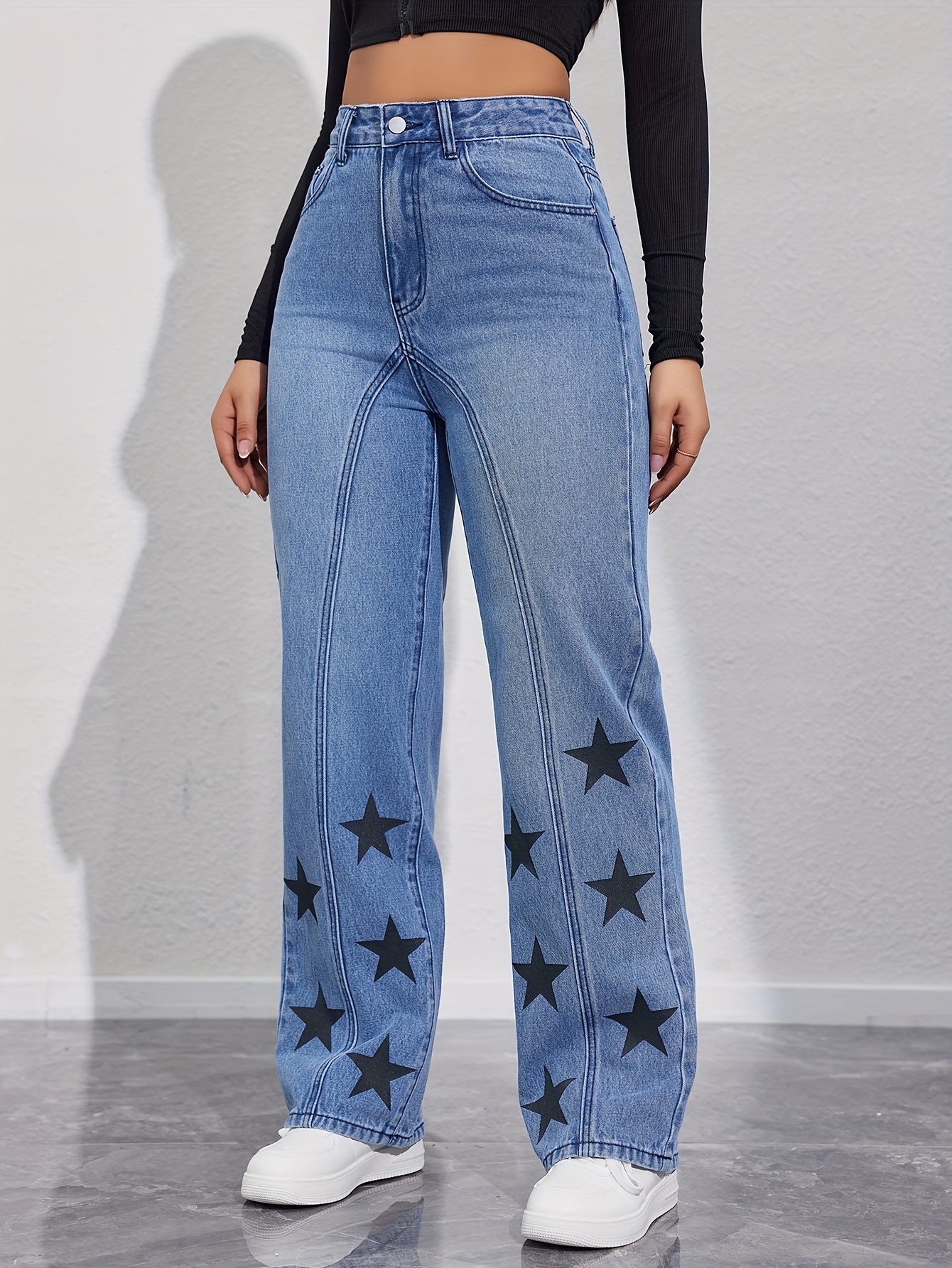 Star Pattern Washed Straight Jeans Loose Fit Slant Pockets - Temu Canada