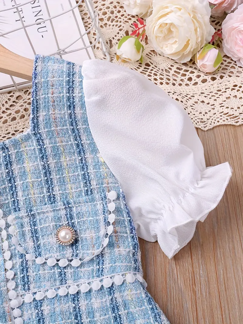 girls elegant pearl button plaid patchwork princess dress for party beach vacation kids summer clothes details 3