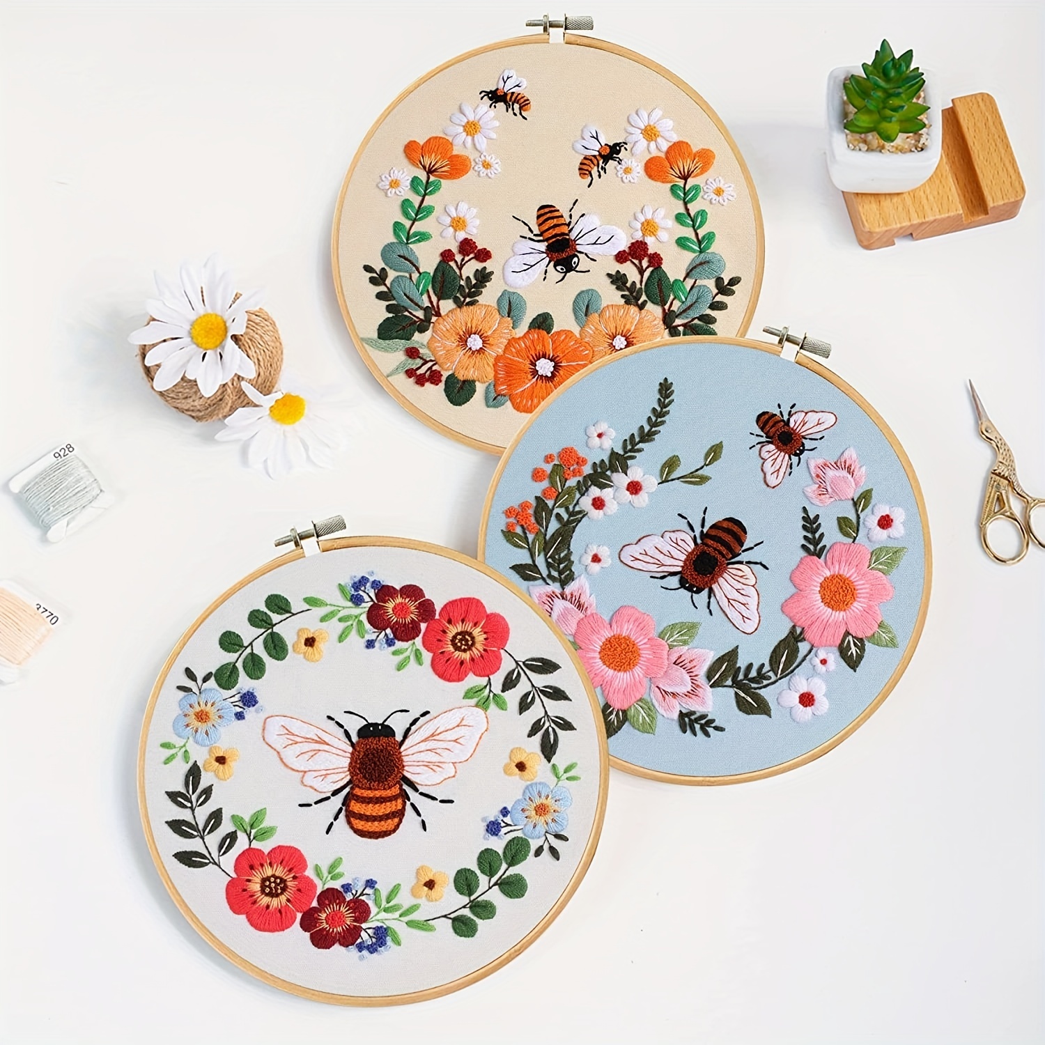 Starter Embroidery Kits With Honeybee Flower Patterns - Temu