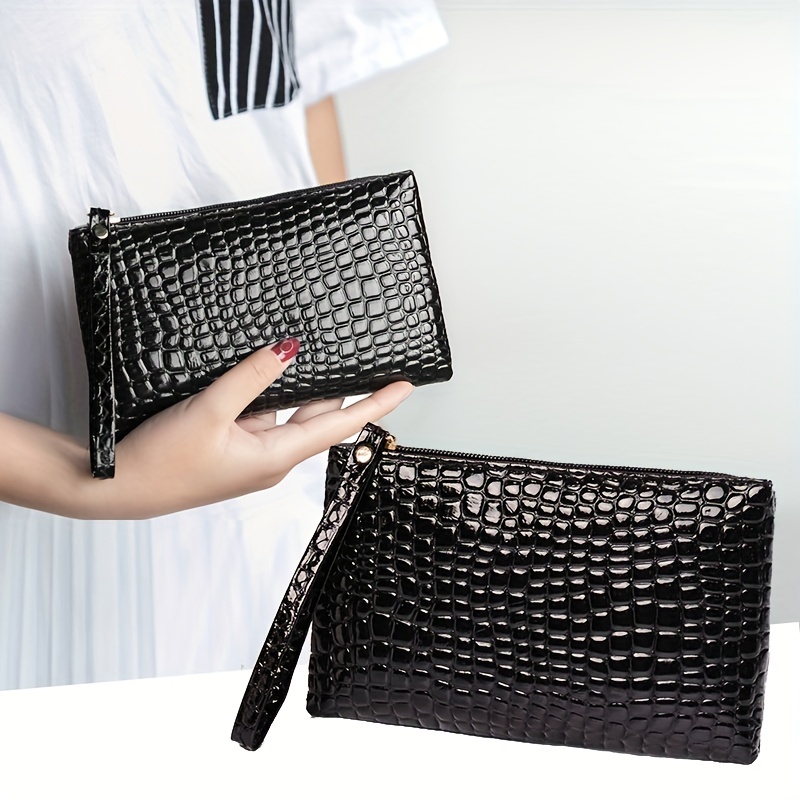 Minimalist Crocodile Embossed Long Wallet, Zipper Portable Coin Purse,  Versatile Pouch With Wristband