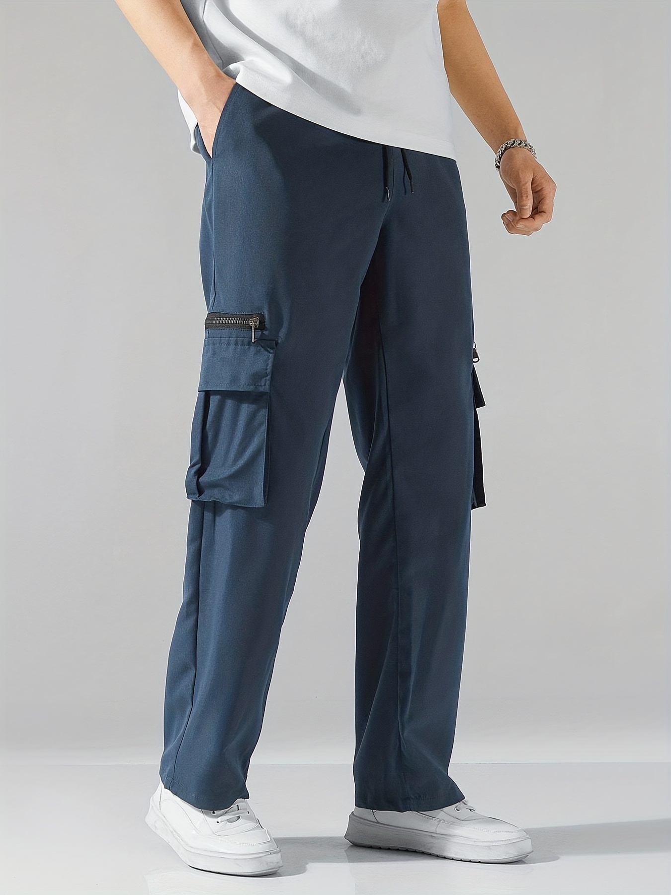Solid Multi Flap Pockets Men's Straight Leg Cargo Pants - Temu