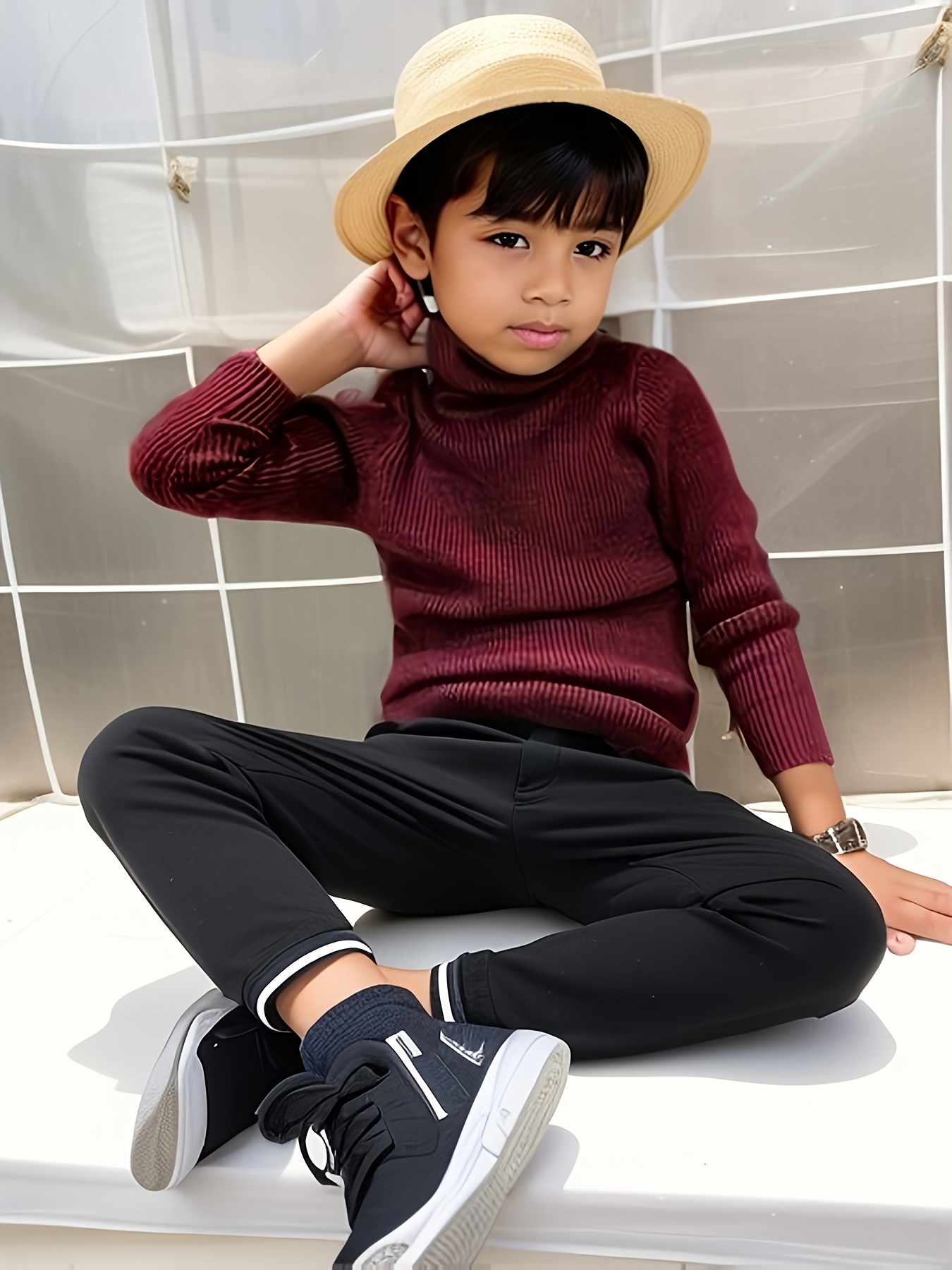 Kid's Basic Turtleneck Sweater, Warm Cable Knit Pullover, Casual