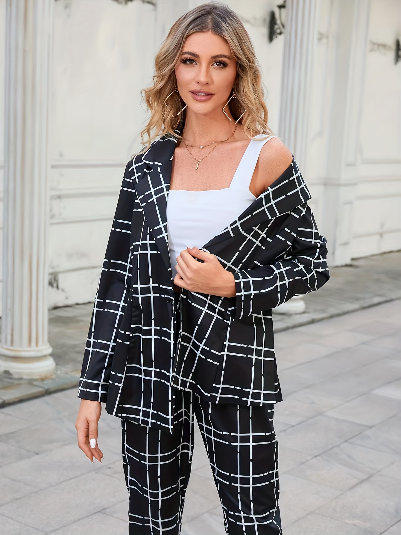 Womens Slim Fit Jacket Outfits Two-Piece Plaid Print Trouser Suit Business  Office Casual Smart Suit Set Lapel Blazer : : Clothing, Shoes 