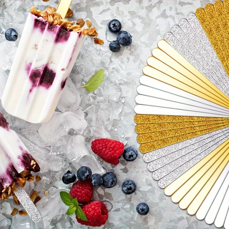 Gold Acrylic Sticks Ice Cream Stick Ice Lolly Sticks Mirror Glitter  Reusable Craft Ice Sticks for Candy Cake Family Party DIY, 4.5 Inch