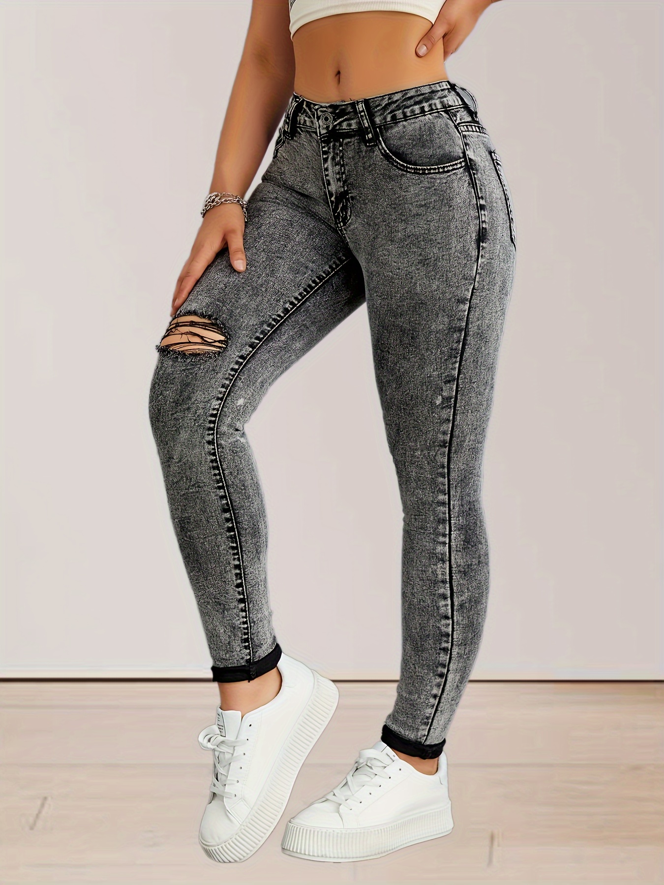 Plain Washed Ripped Holes Skinny Jeans, Slim Fit Distressed High Stretch  Tight Jeans, Women's Denim Jeans & Clothing