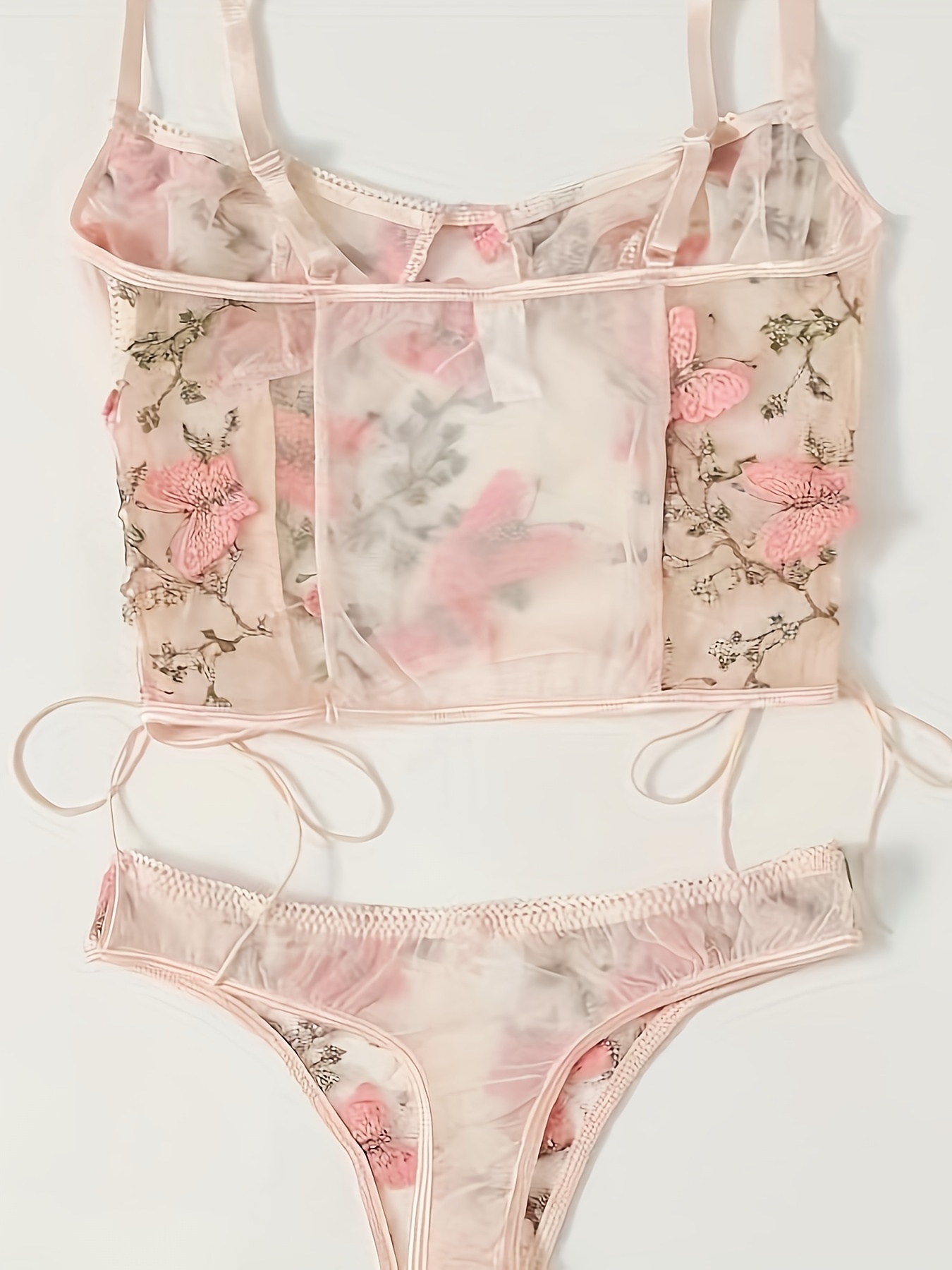 Butterfly Embroidery Lingerie Set Strappy Mesh Bra Sheer - Temu