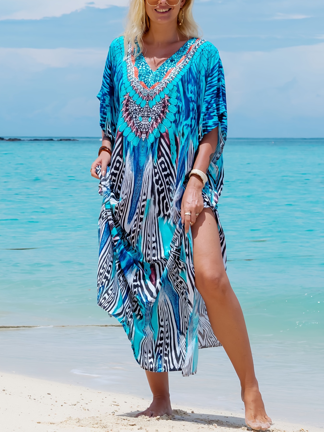 Women'S Middle Eastern Muslim Robe, V-Neck Loose Bohemian Style Vacation  Beach Dress