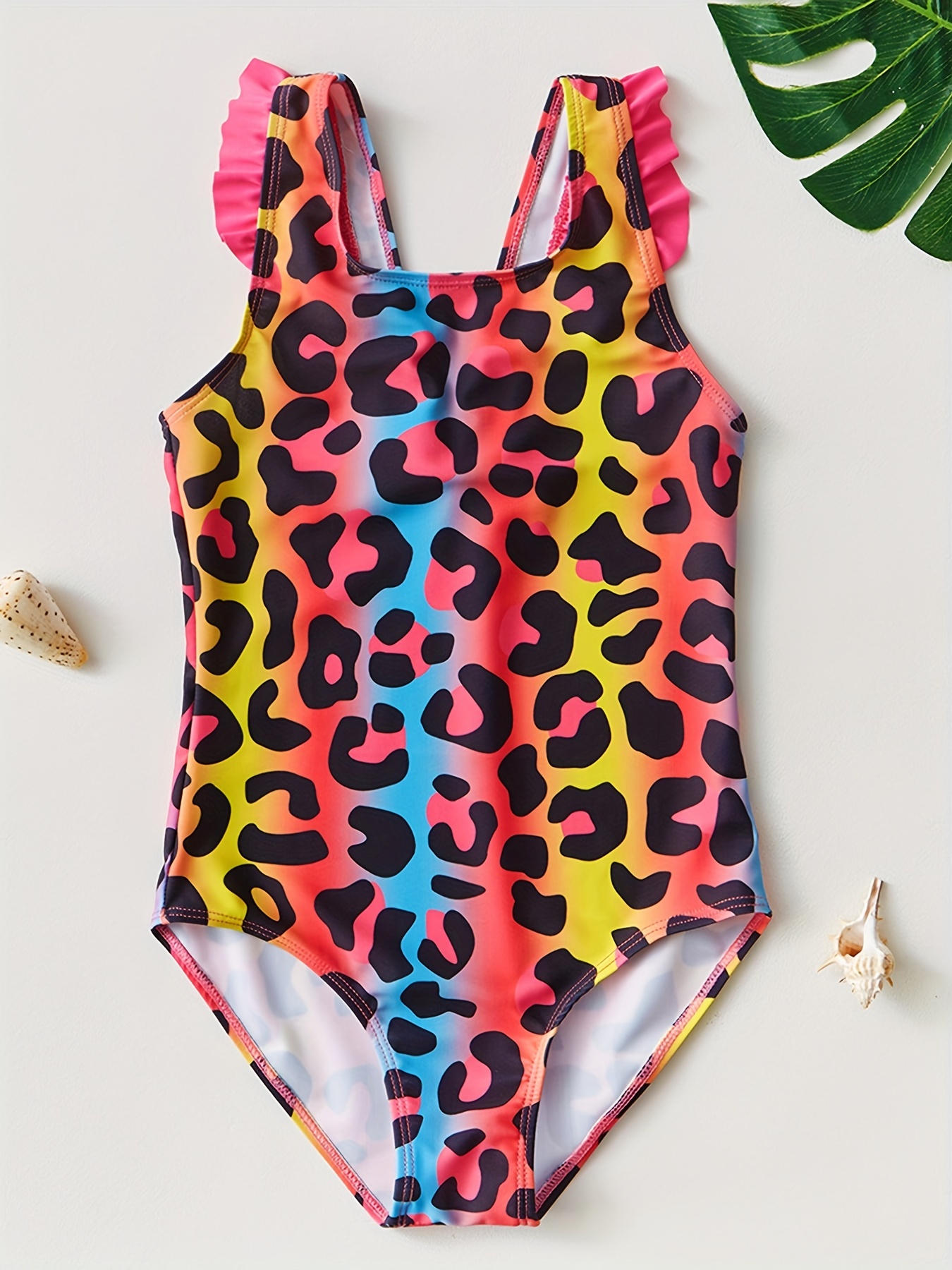 Toddler Girls Trim Leopard Graphic Swimsuit Kids - Temu Canada