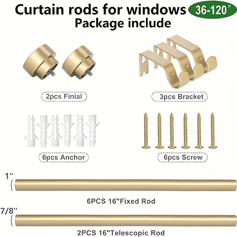 Barra de cortina dorada para ventanas de 36 a 120 pulgadas, barras de  cortina de 1 pulgada de diámetro con 2 soportes de cortina, barra de  cortina