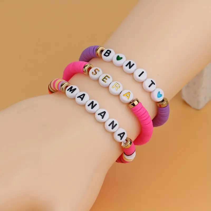 3pcs Soft Clay Beads Beaded Bracelet Set With Letter Patter Flat Round  Beads Boho Style Stackable Friendship Hand String