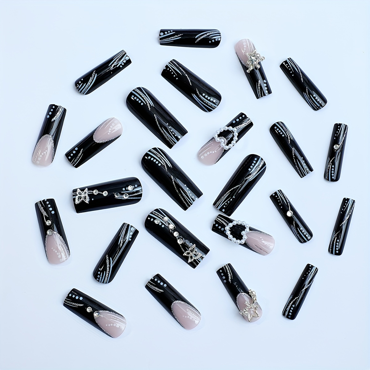 24pcs Glossy Long Square Fake Nails, Black French Tip Press On Nails With  Star Rhinestone Heart Pearl Design Sweet Cool Full Cover False Nails For Wom