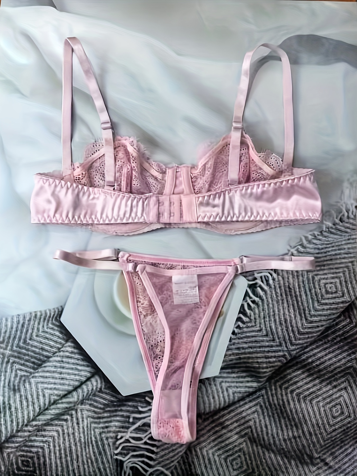 Romantic Contrast Lace Lingerie Set, Sheer Balconette Bra & Thong Panties,  Women's Sexy Lingerie & Underwear