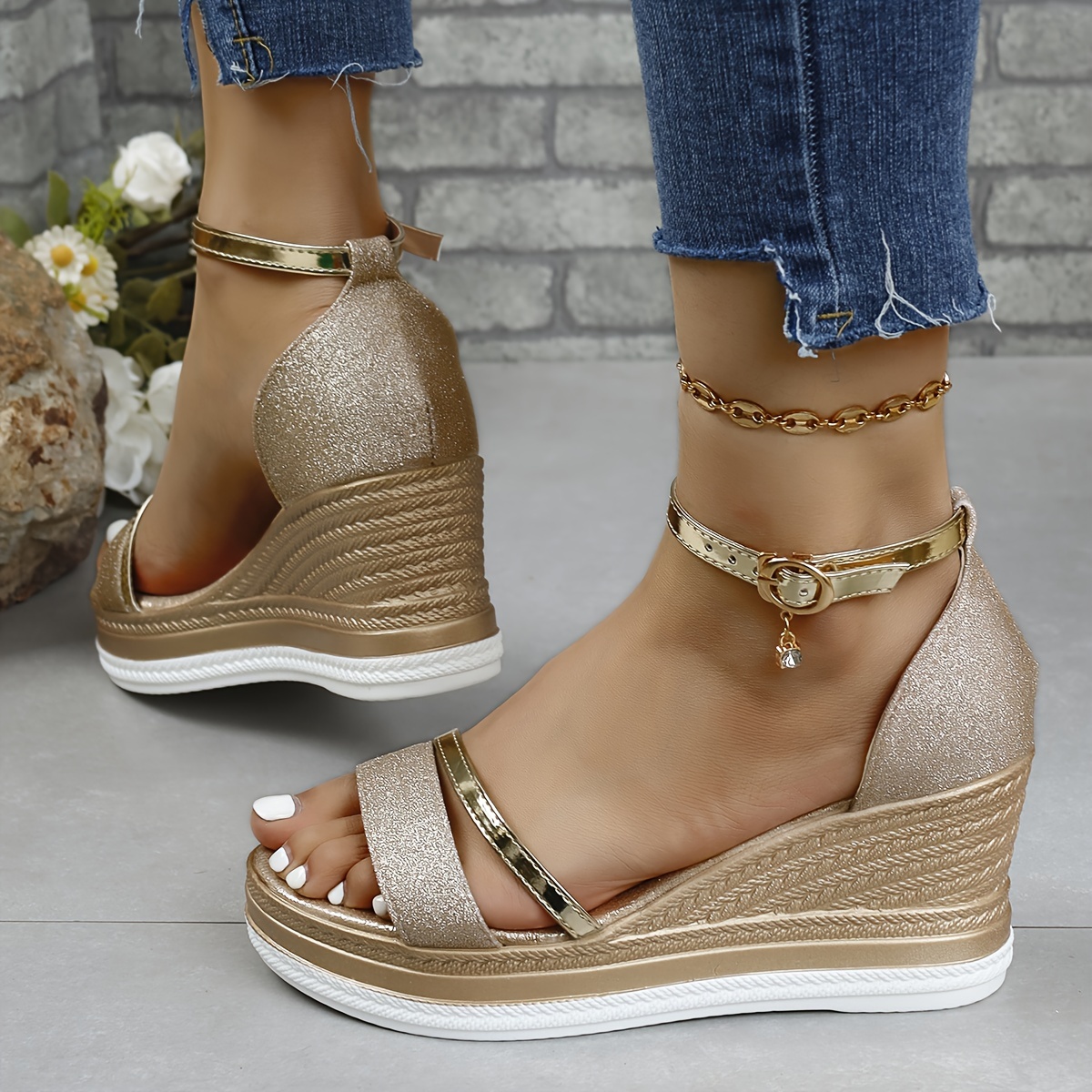 Women's Glitter Wedge Sandals Fashion Open Toe Ankle Strap - Temu