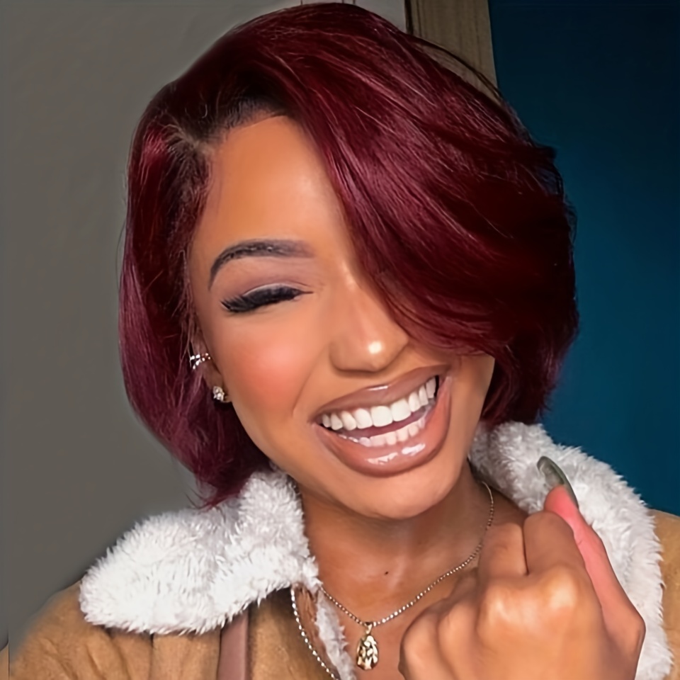 Red Ombre Short Bob Straight Synthetic None Lace Hair Wigs Dark Roots Left  Part for Women Black & Burgundy(#1B/99J)