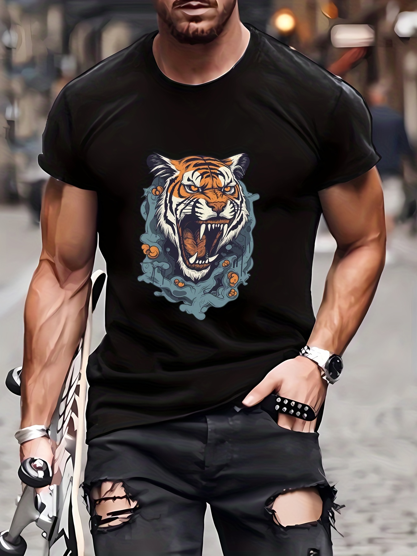 Temu 3D Tiger Print, Men's Graphic Design Crew Neck Novel T-Shirt, Casual Comfy Tees Tshirts for Summer, Men's Clothing Tops for Daily Vacation Resorts