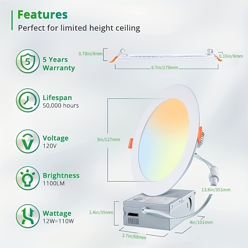 5cct Ultra-thin Led Embedded Ceiling Light, With Junction Box, Adjustable  2700k/3000k/3500k/4000k/5000k, Eqv Adjustable Dimmable Can Light, No  Flicker High Brightness Tube Light Etl/es Certification Temu Mexico