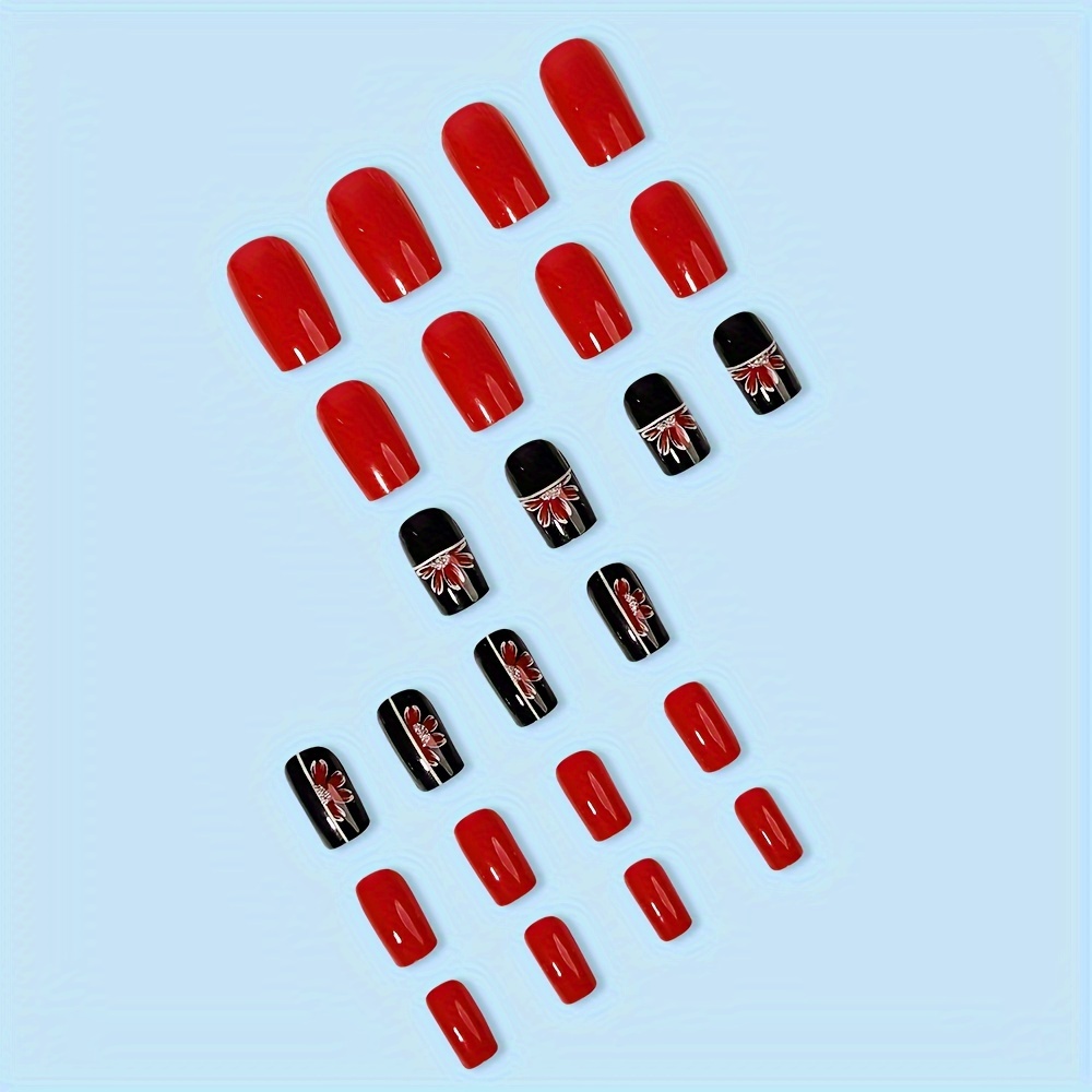 Glossy Black And Red Press On Nails Shimmer Fake Nails With Temu 5222