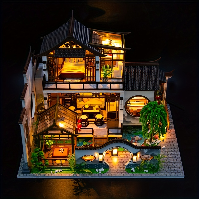 DIY Chinse Style Villa Wooden Miniature Doll House Kit Large Scale With  Light Adult Craft Gift Decor 