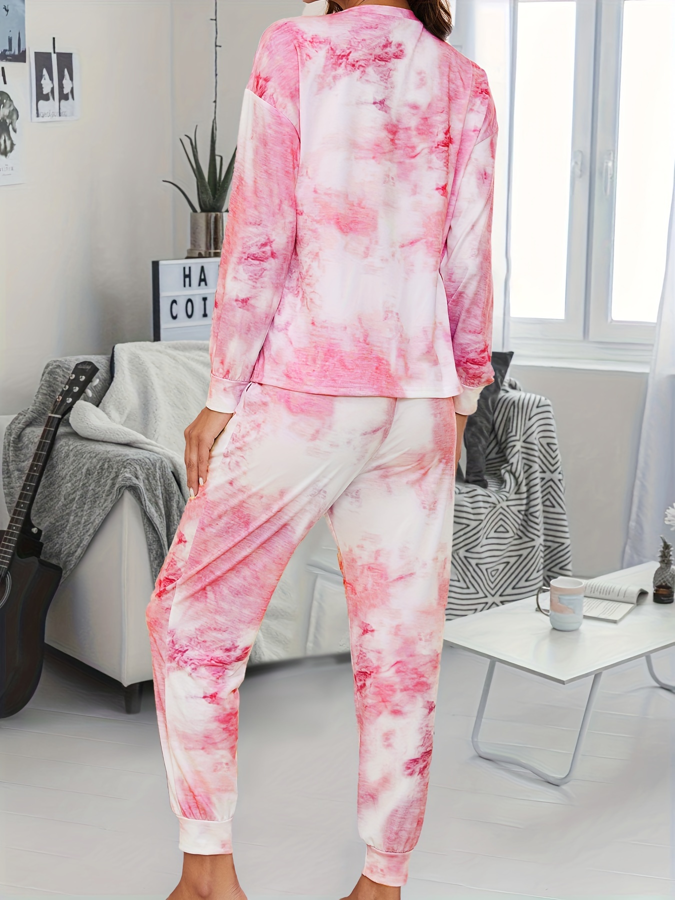 Tie Dye Print Lounge Set Long Sleeve Crew Neck Top & Pants