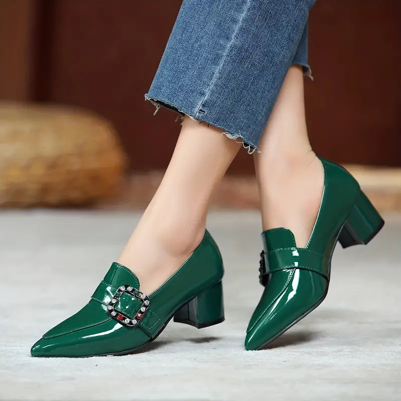 womens rhinestone decor chunky heels comfortable pointed toe slip on shoes womens fashion heels details 0