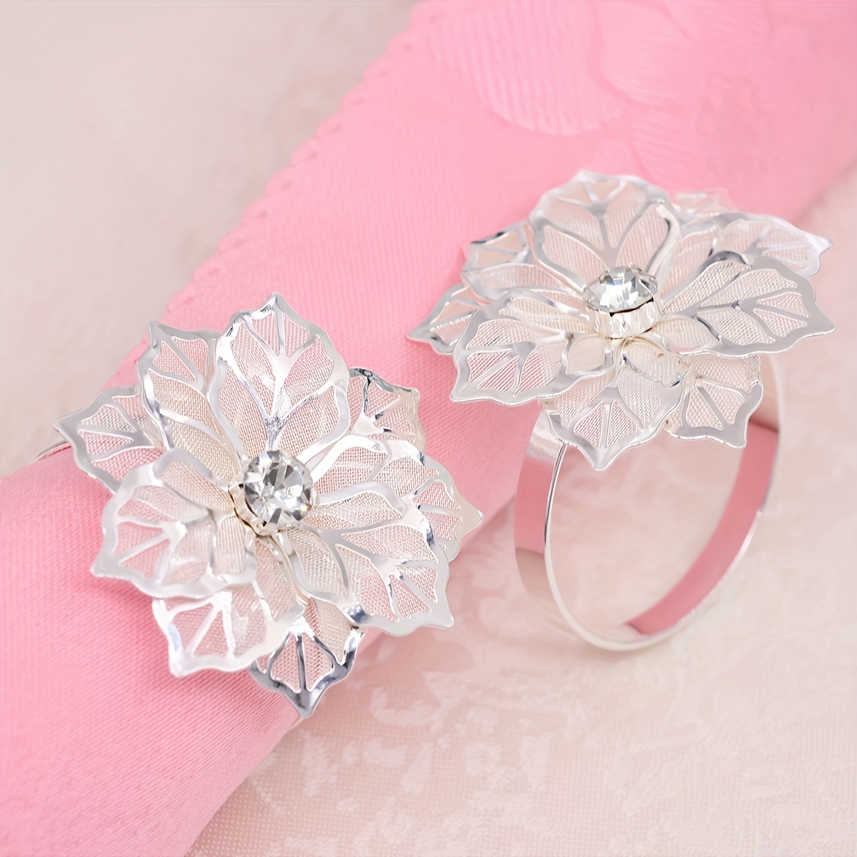 6pcs Metallic Rose Flower Napkin Rings - Elegant Table Decor With Realistic Roses Suitable For Valentine's Day, Christmas, Weddings, Birthdays, Banquets - Holder For Dinner Party Table Setting