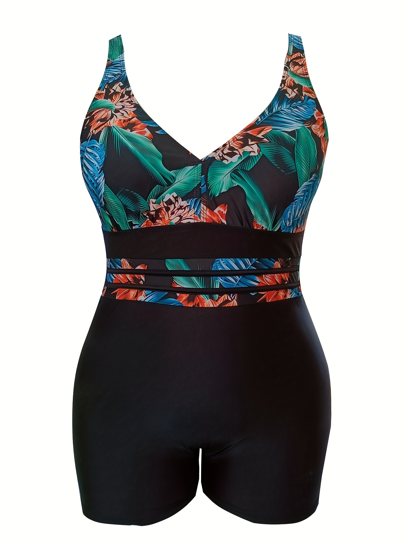 Plus Size Modest * Swimsuit, Women's Plus Tropical Print V Neck Medium  Stretch * Swimsuit