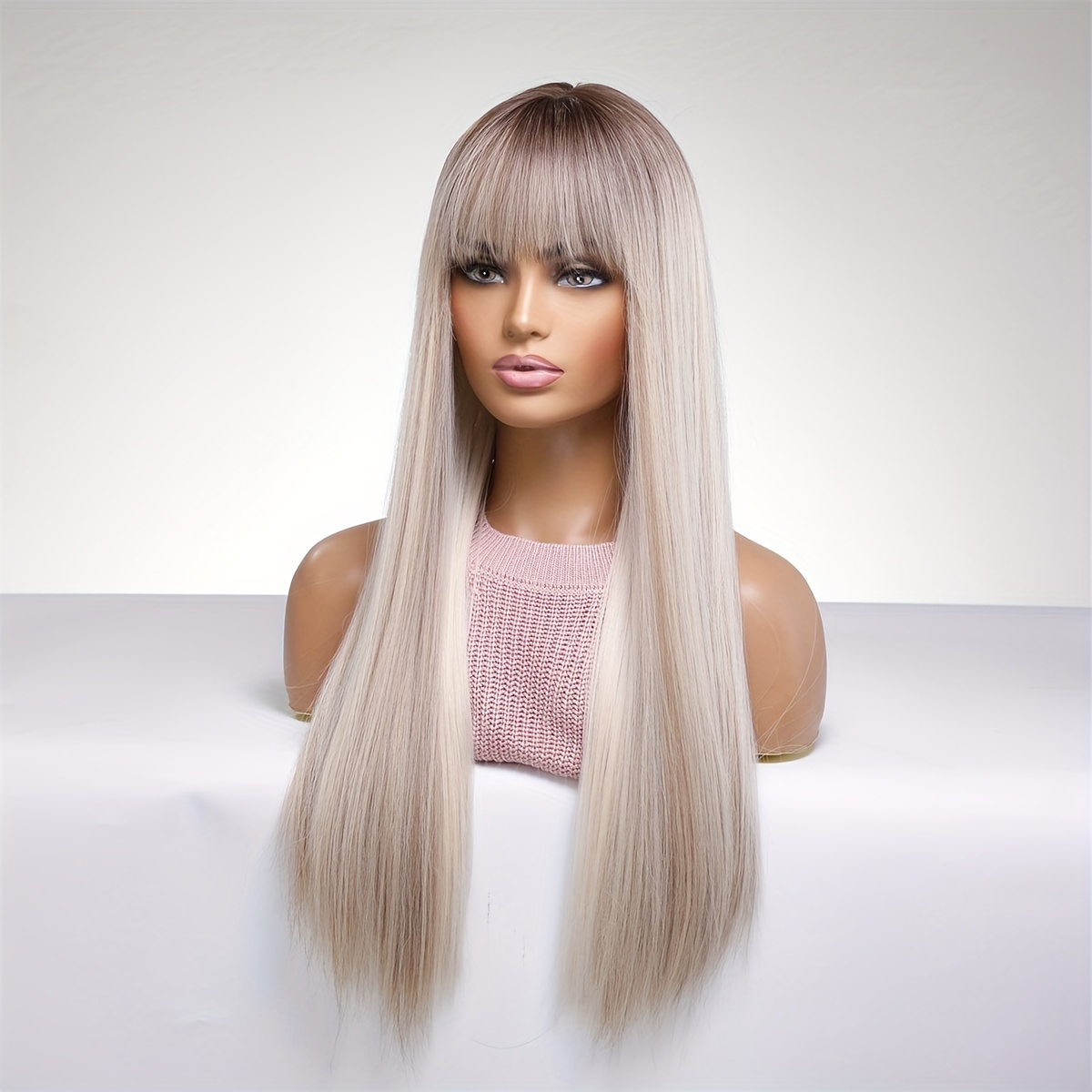 Matte Grey Long Straight Wig With Bangs for Women - 100 Density