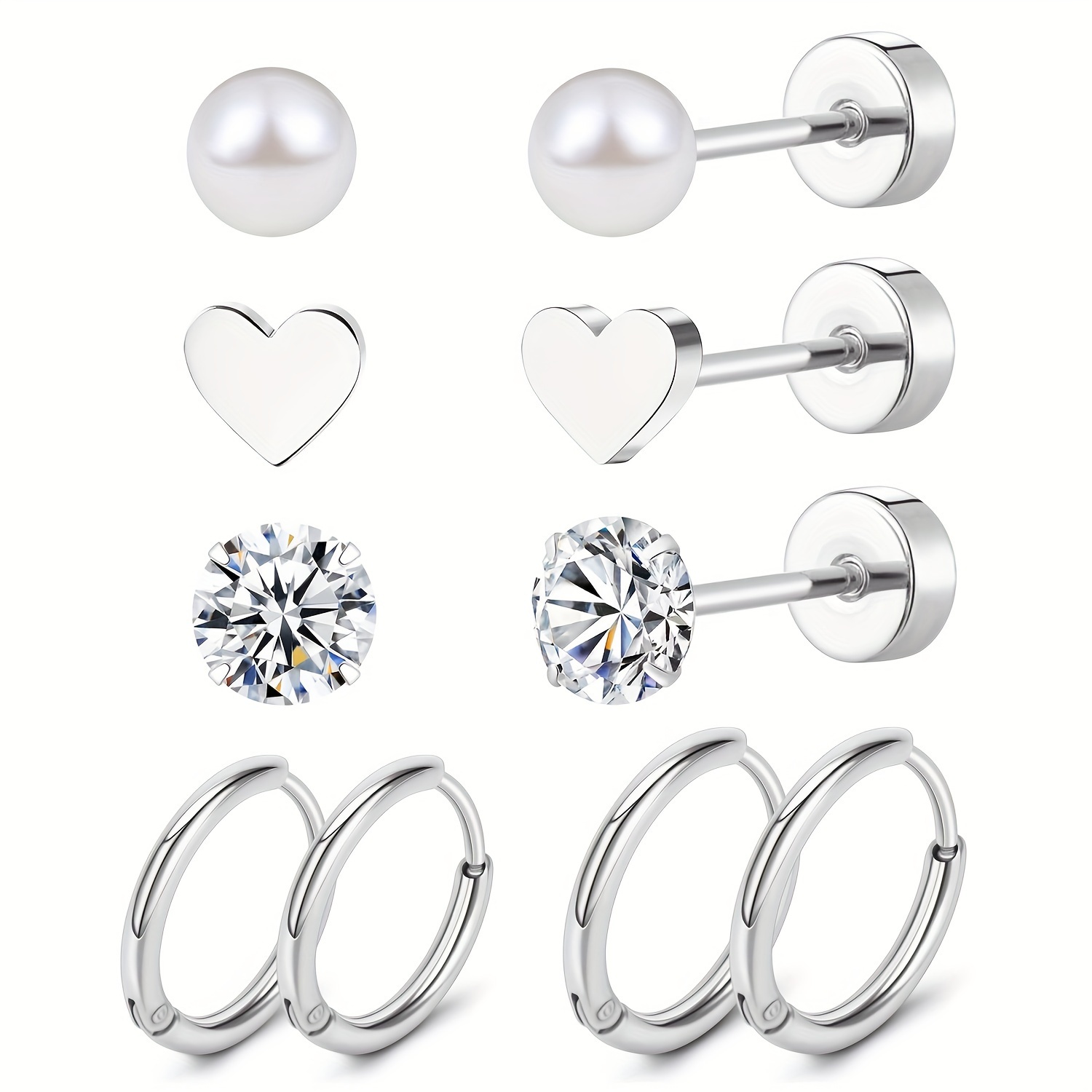 E-shop 10 Stück flache Ohrstecker Edelstahl Synthetische Zirkonia Ohrstecker Perle Piercing Knorpel Damen Ohrstecker Set