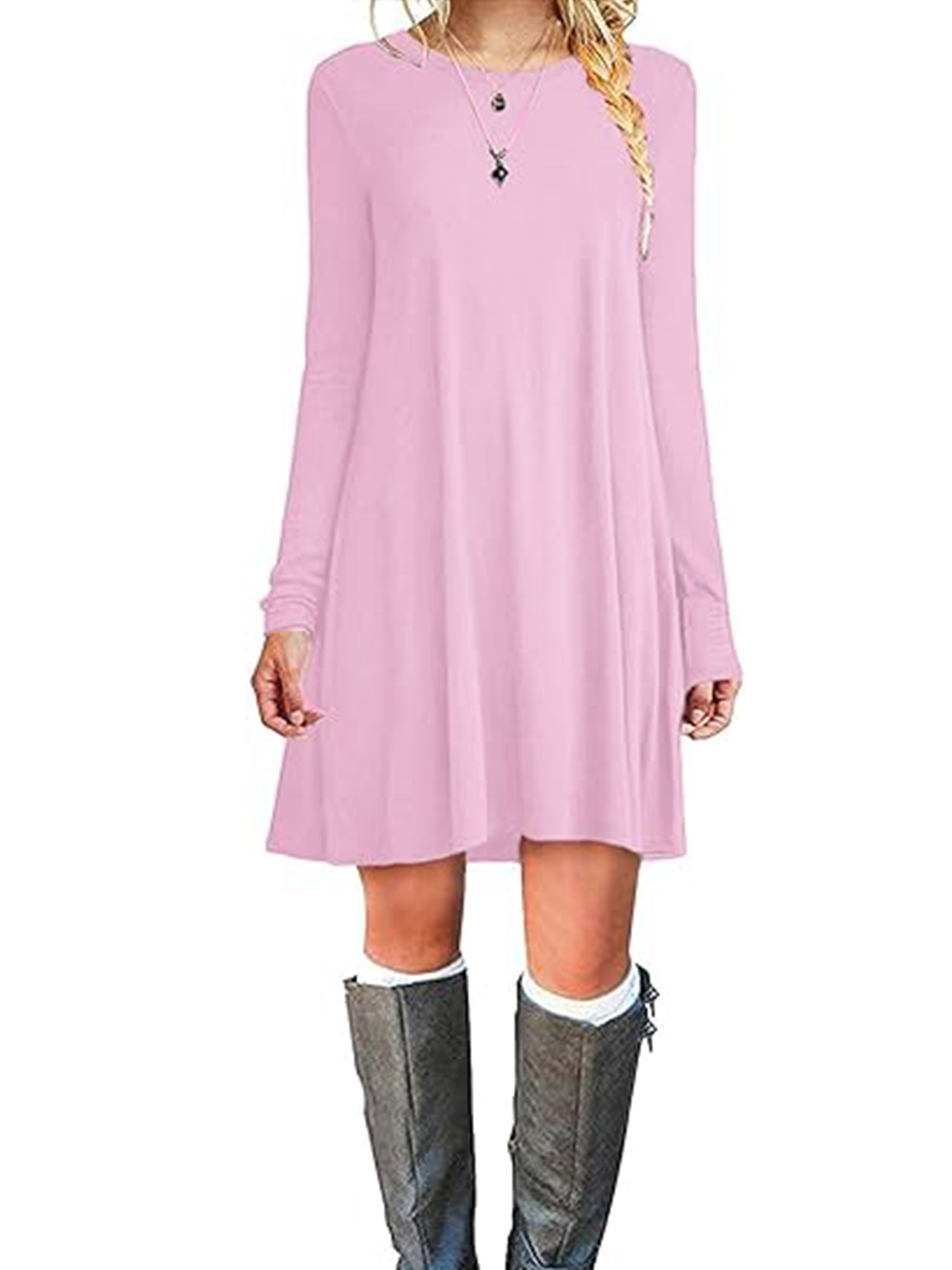 solid crew neck simple dress versatile long sleeve dress for spring fall womens clothing