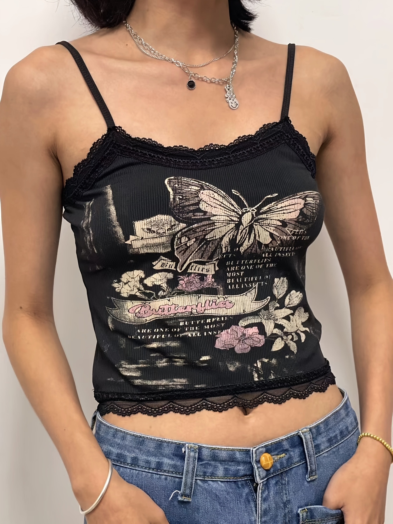 Y2K Grunge Butterfly Print Lace Trim Top, Sexy Spaghetti Sleeveless Cropped  Top, Women's Clothing