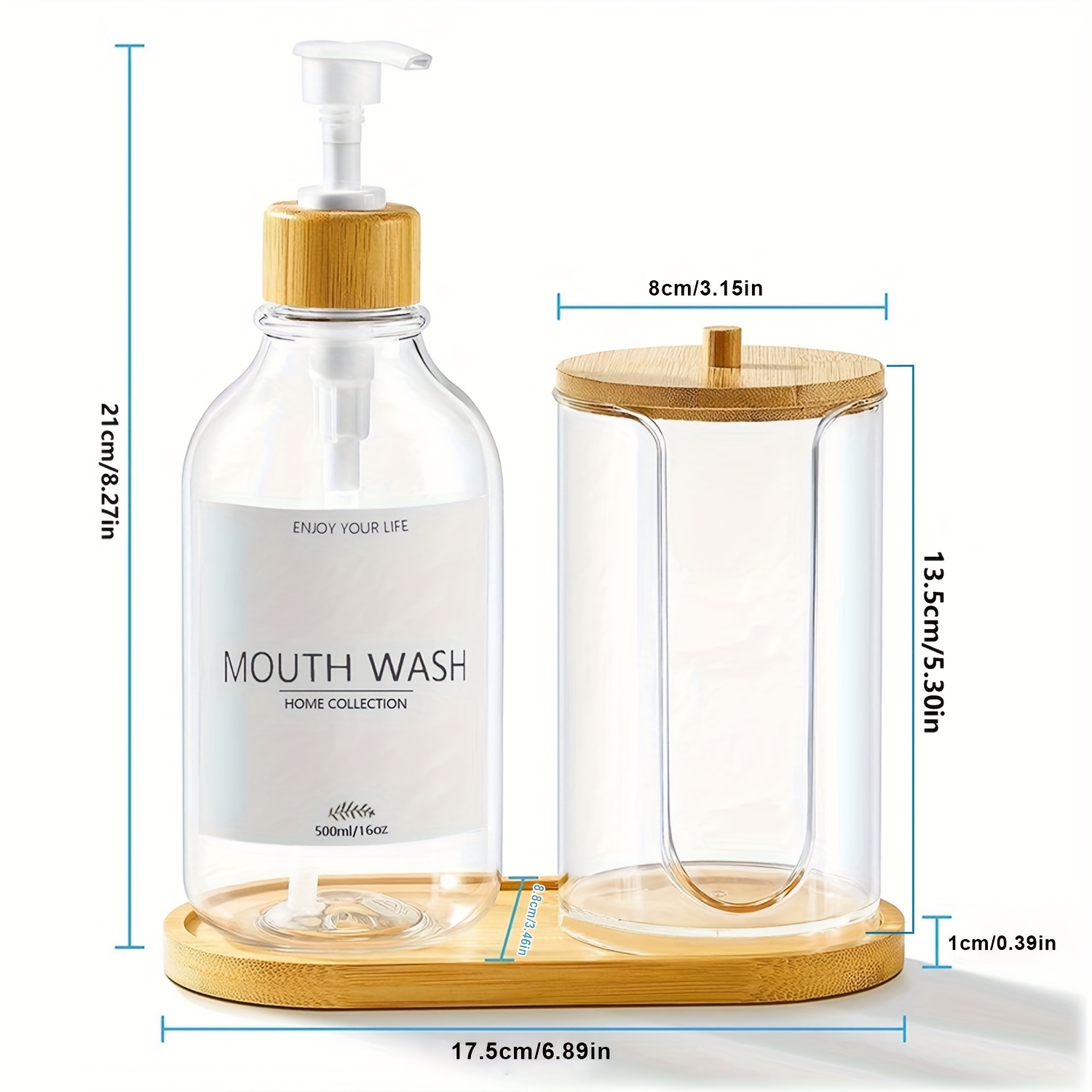 Dispensador de enjuague bucal de 21 onzas para baño, paquete de 2  recipientes de plástico transparente montado en la pared con 2 vasos de  vidrio