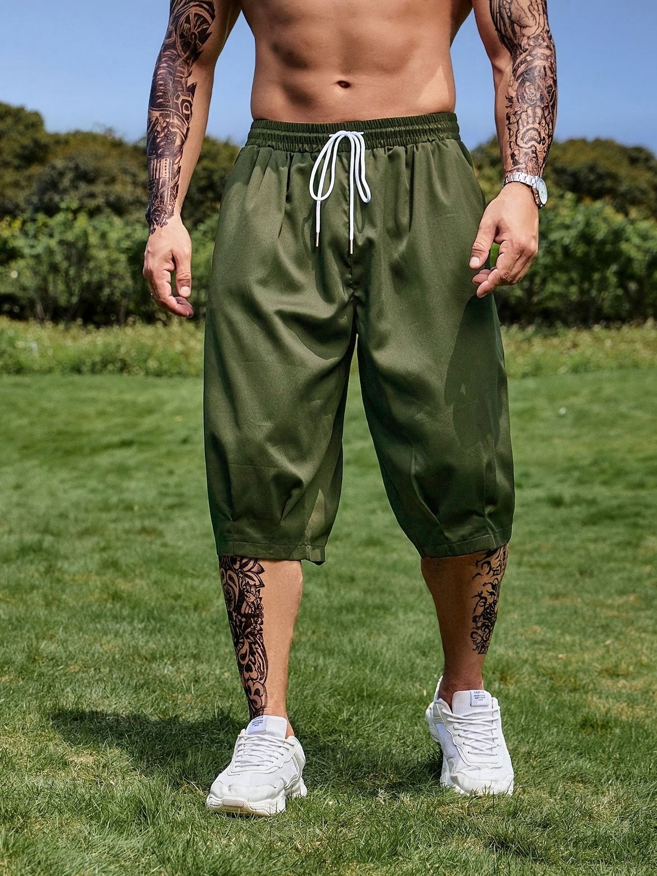 Summer Men Cropped Pants Capri Sports Shorts Bottoms Casual Drawstring  Trousers