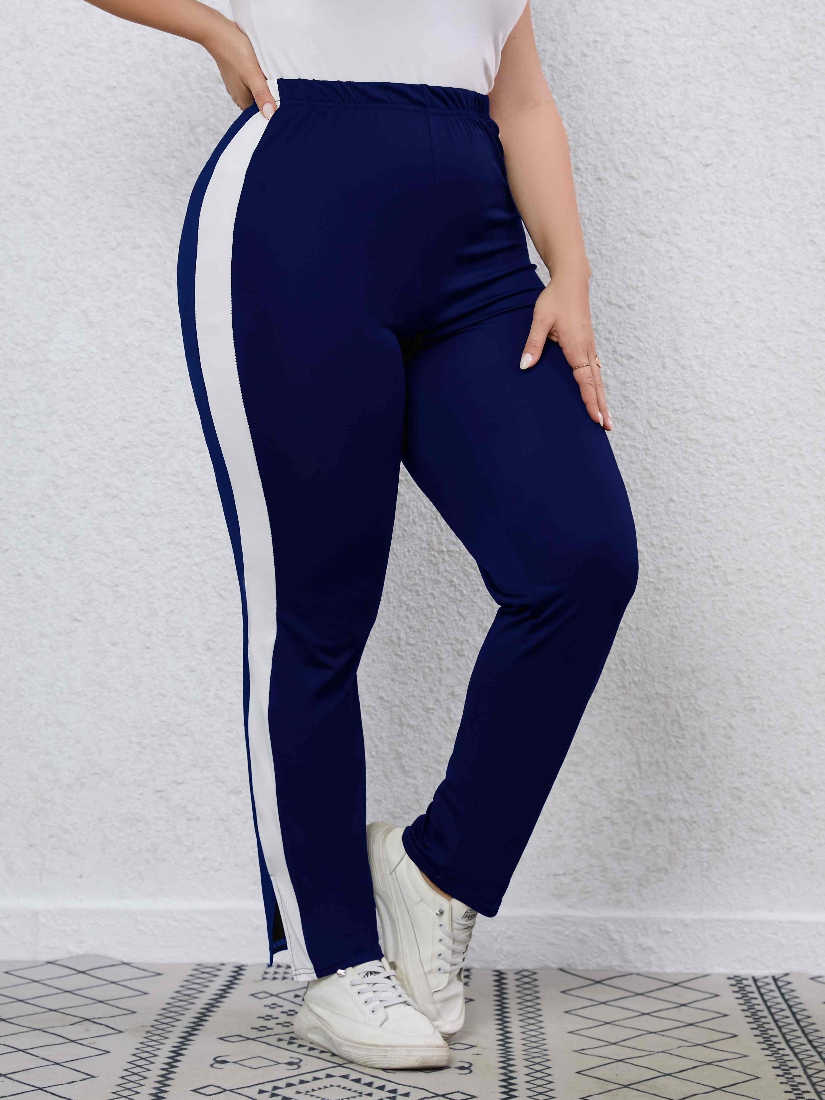 Plus Size Side Strip Split Hem Slim Fit Pants Women's Plus - Temu