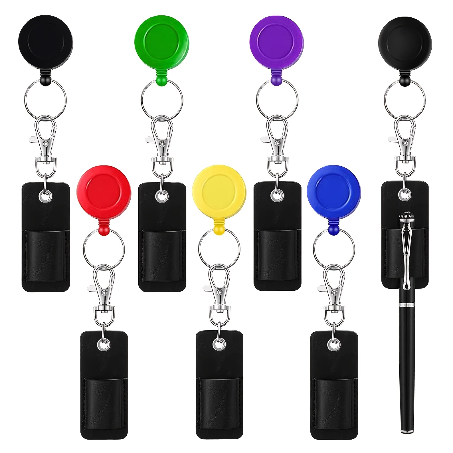 Retractable ID Badge Reels with Metal Clip, ABS Round Name Badge Reel with Key Chain PU Leather Pen Holder, Portable Leather Pen Holder Retractable