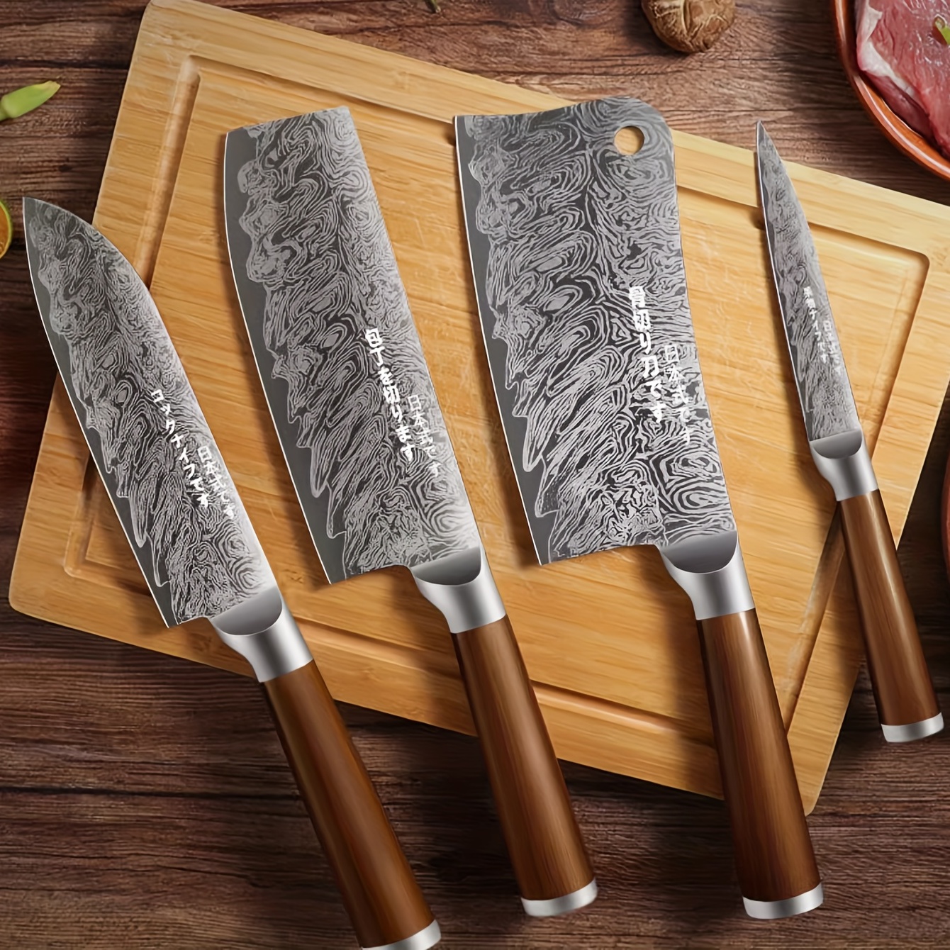 4 Pcs Japanese Kitchen Knife Set Damascus Steel Professional Chef Knife  Cleaver