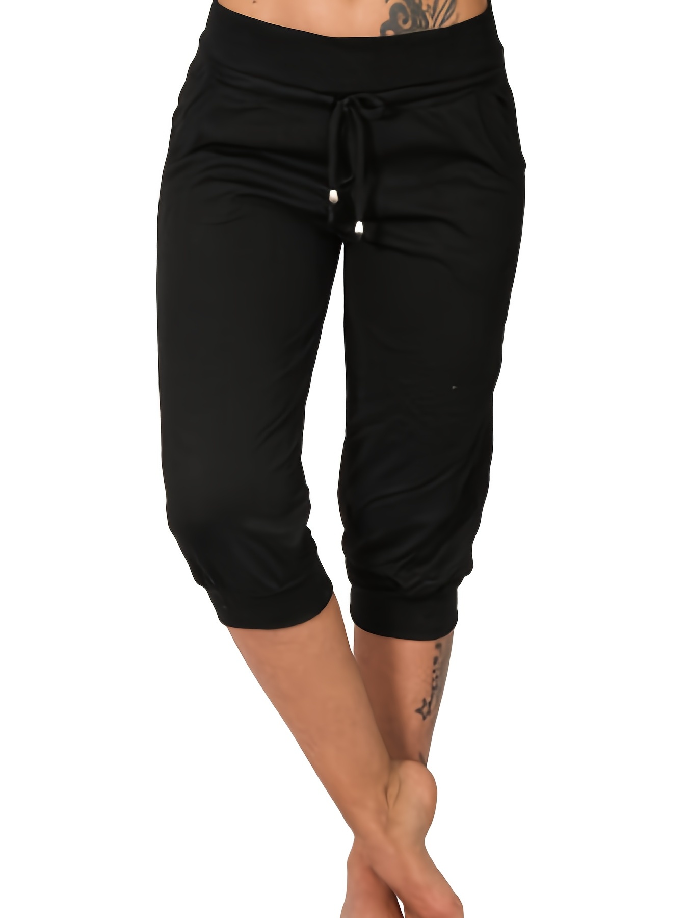 Polyester Lycra Blend Black Ladies Capri Pants Size SMLXL