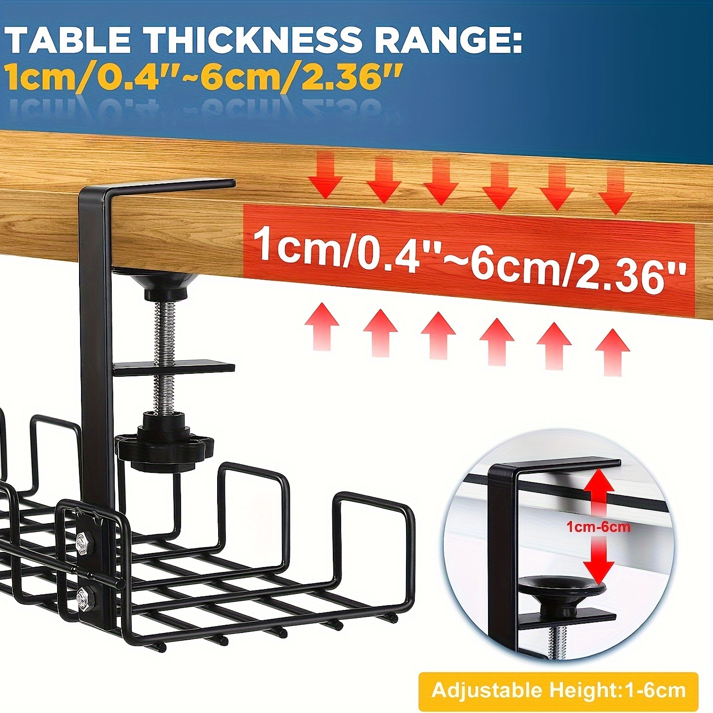 Under Desk Cable Management Tray Black, Litwaro Cable Management Under Desk  No Drill, Desk Cable Organizer with Clamp for Desk Cord Organizer, Desk  Wire Management No Damage to Desk for Office, Home 