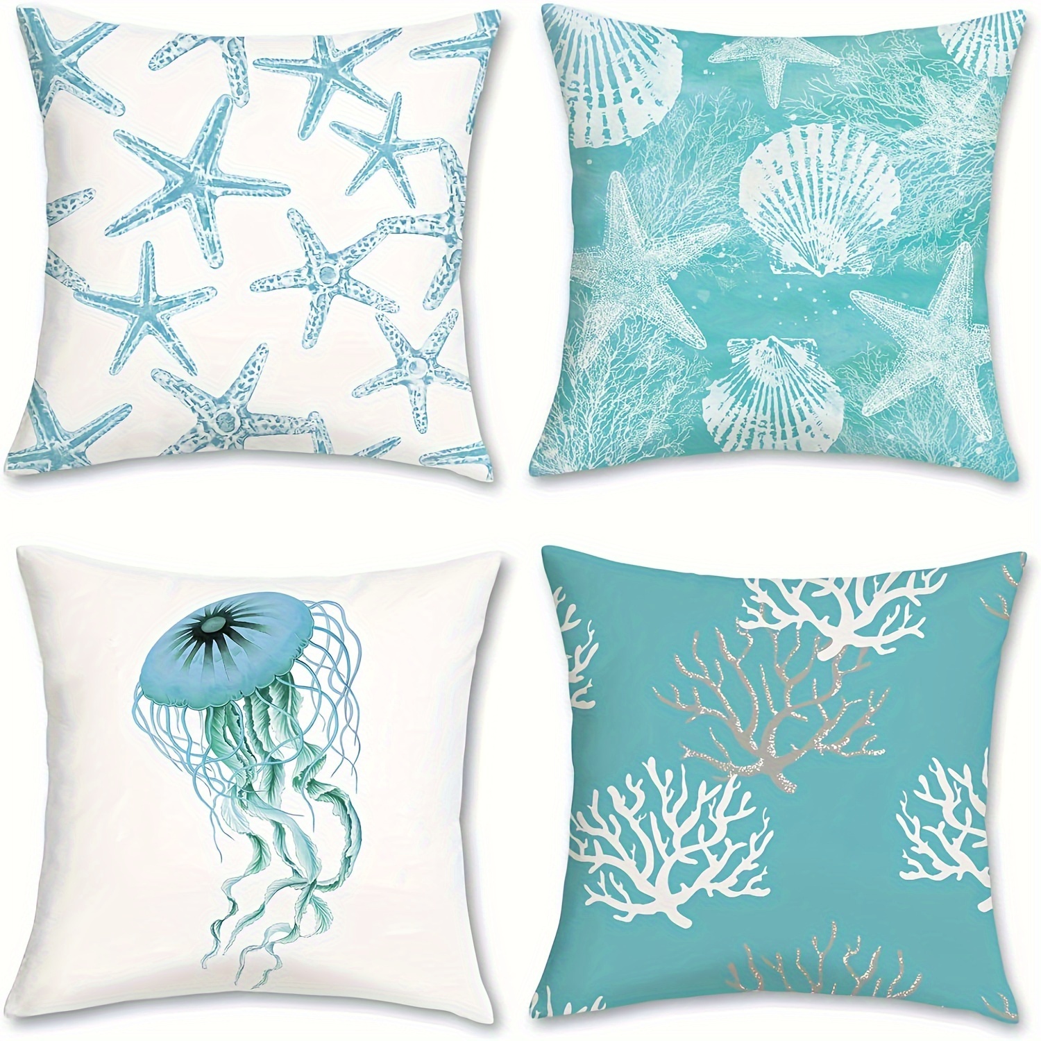 

4pcs Coastal Pillow Covers 18x18 Inch Beach Starfish Shell Ocean Coral Jellyfish Pillowcase Soft Velvet Outdoor For Couch Sofa Car Bedroom Home Decor