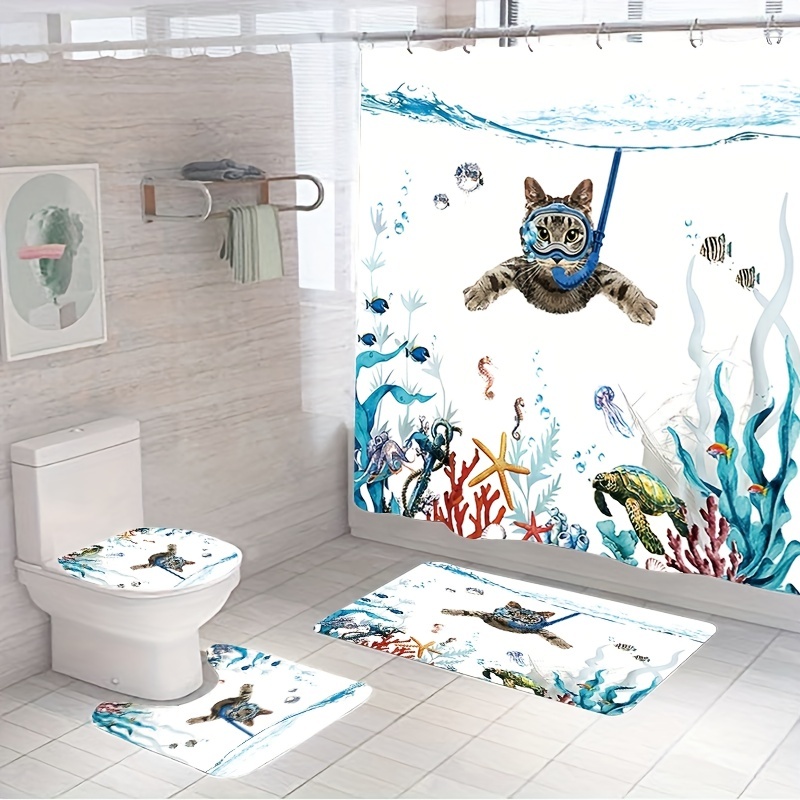 Bathroom Rugs Shower Curtain Cute Diving Cat Pattern - Temu Canada