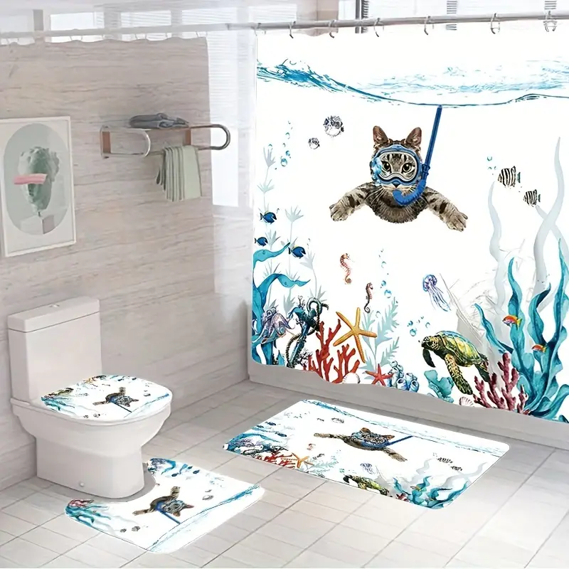 Bathroom Rugs Shower Curtain Cute Diving Cat Pattern - Temu