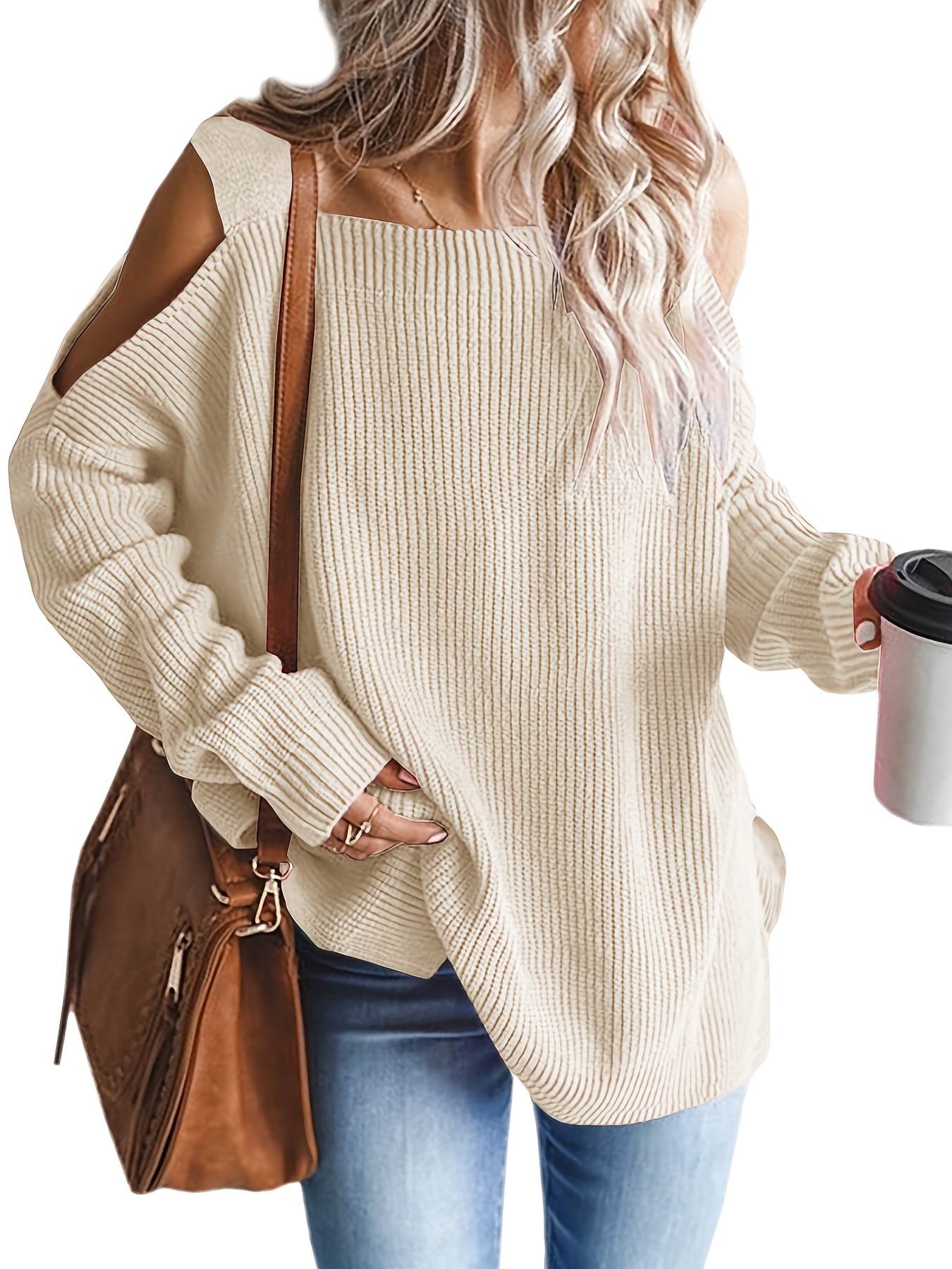 Cold Shoulder Oversized Sweater, Casual Long Sleeve Sweater For