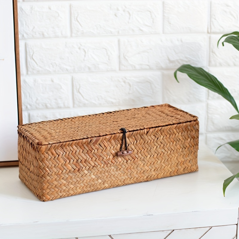 1pc 3 Grid Handwoven Straw Storage Basket, Rattan Divider Storage Box,  Sundries Organizer Baskets With Lid Jewelry Storag Case, Home Decor,  Christmas