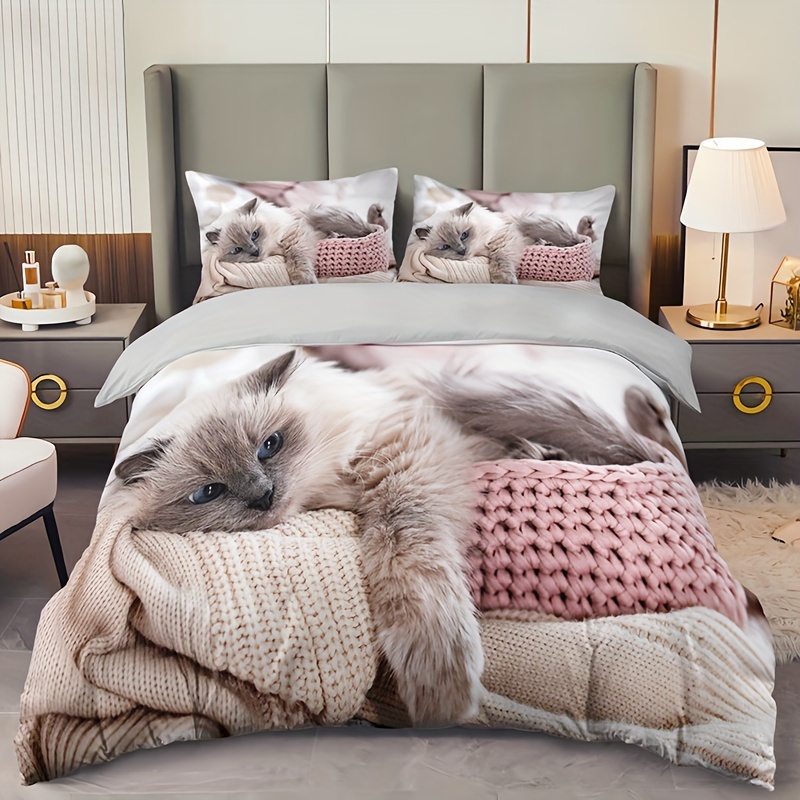 

3pcs Lazy Cat Animal Duvet Cover Set (1 Duvet Cover + 2 Pillowcase Without Pillow Insert), Soft Comfortable And Breathable Hd Printing Bedding For Home Dorm